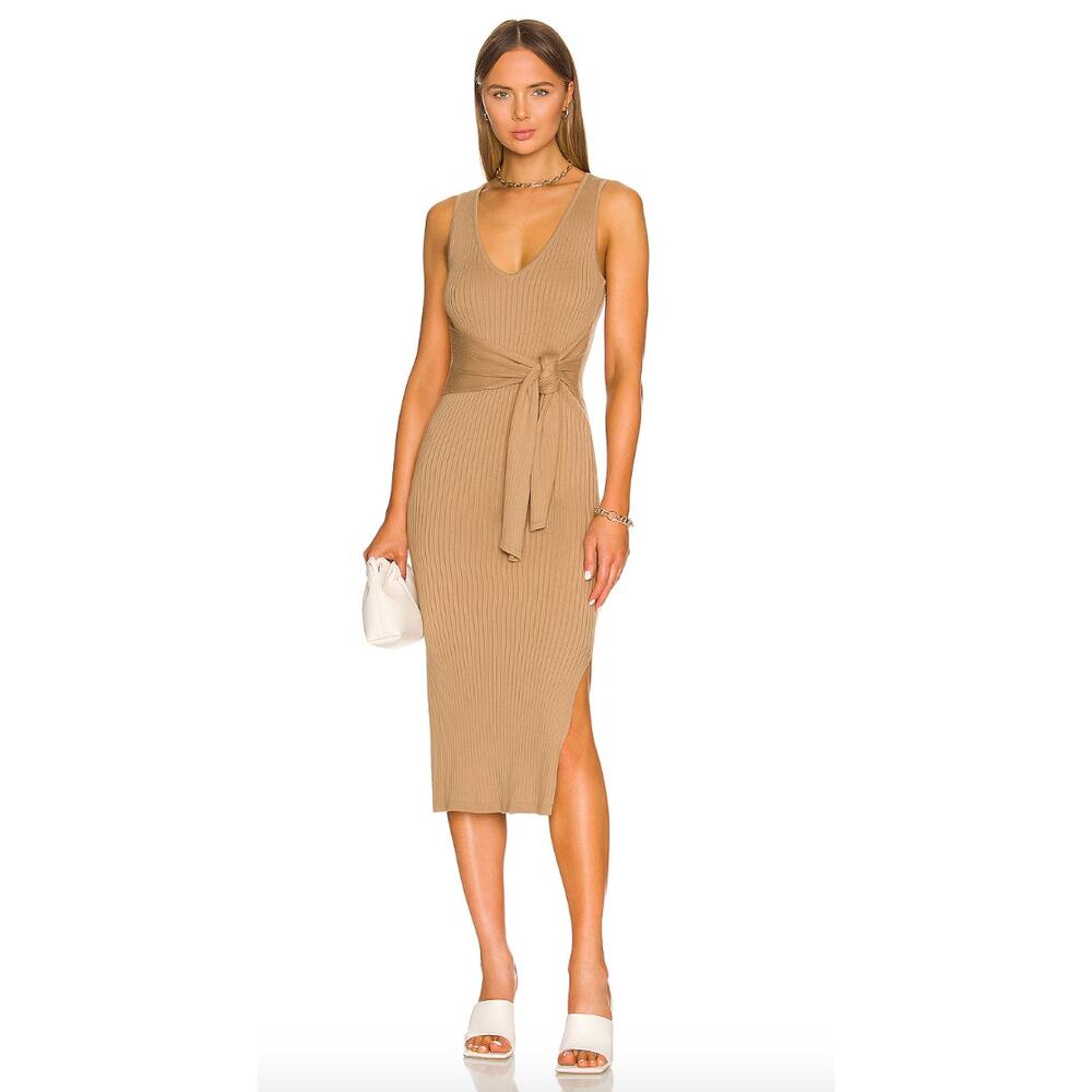 Good American Rib Knit Tie Waist Midi Dress in Taupe Large